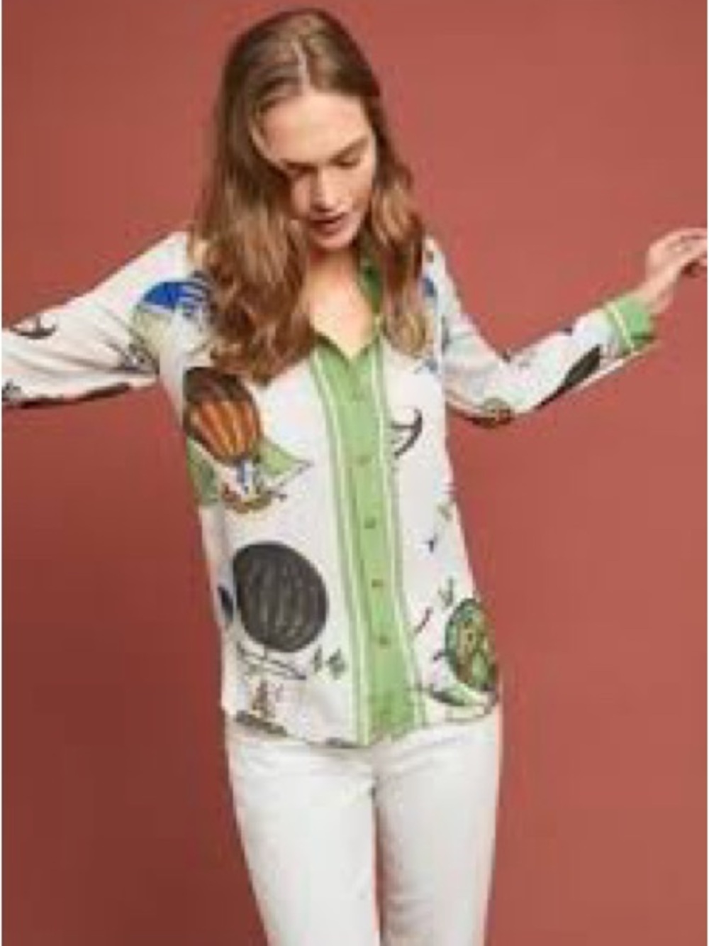Anthropologie White Blouse with Green Trim and Hot Air Balloon Print